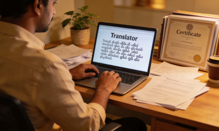 A professional translator working on Tamil documents in an office setting.