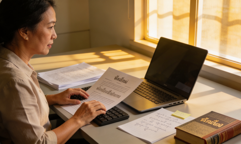 A professional translator working on Thai documents in an office setting.