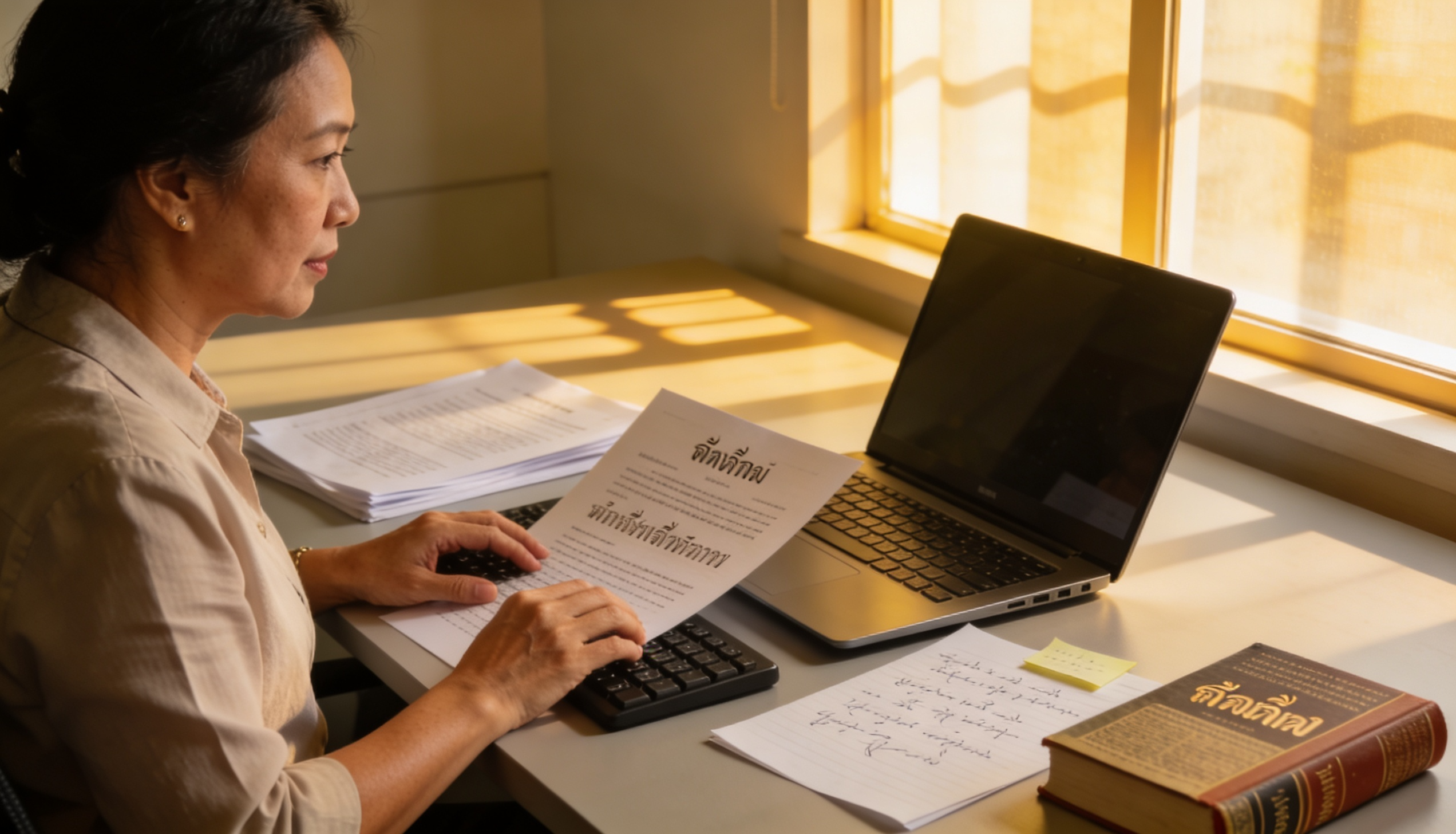 A professional translator working on Thai documents in an office setting.