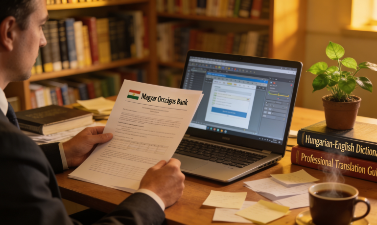 A professional translator working on a Hungarian document in a modern office setting.
