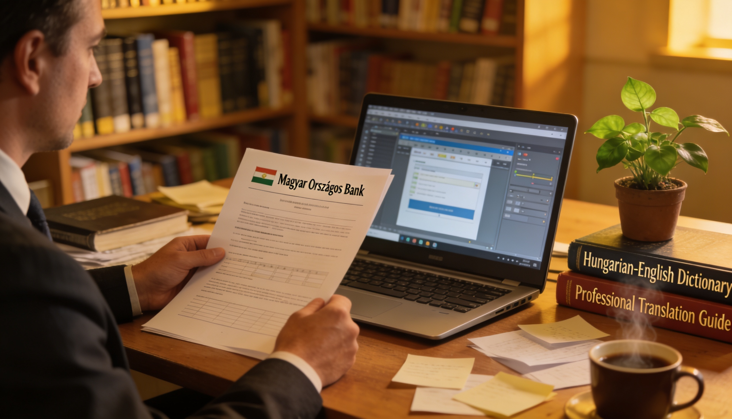 A professional translator working on a Hungarian document in a modern office setting.