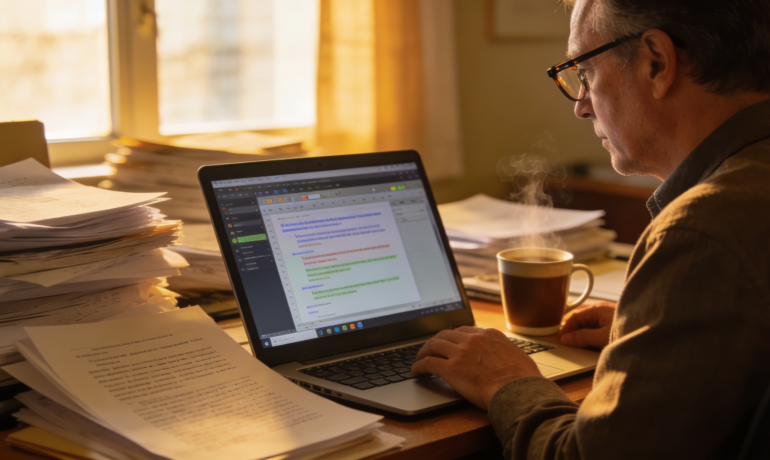 A professional translator working on a reference letter for a UK visa application.