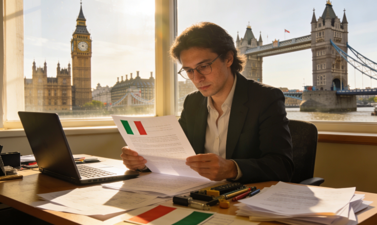 A professional translator working on an Italian document with UK landmarks in the background.