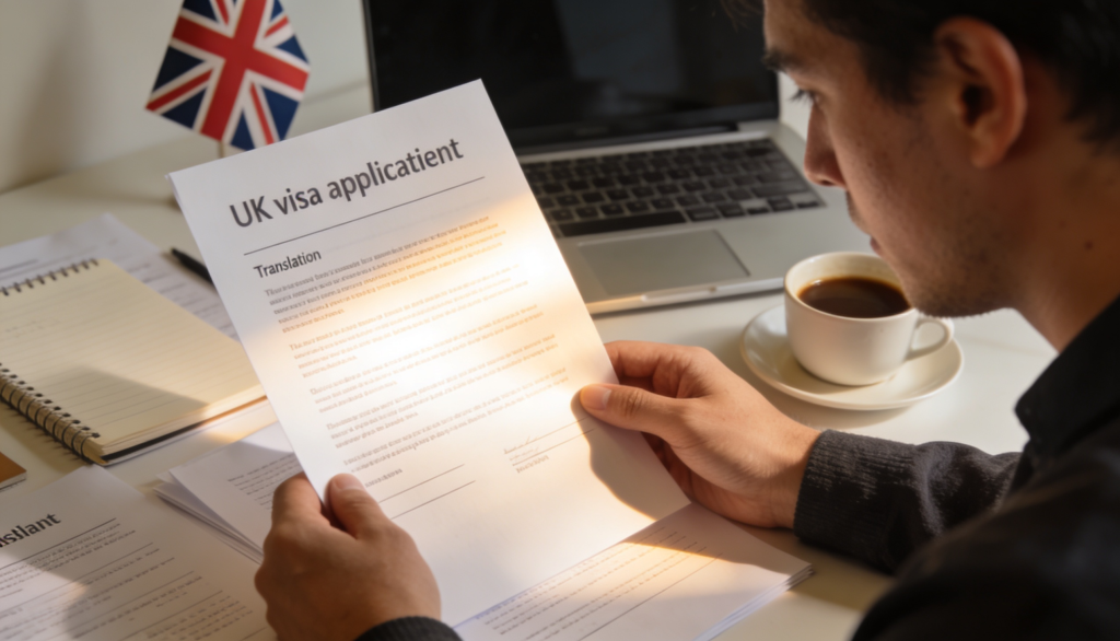 A professional translator working on an affidavit translation for a UK visa application.
