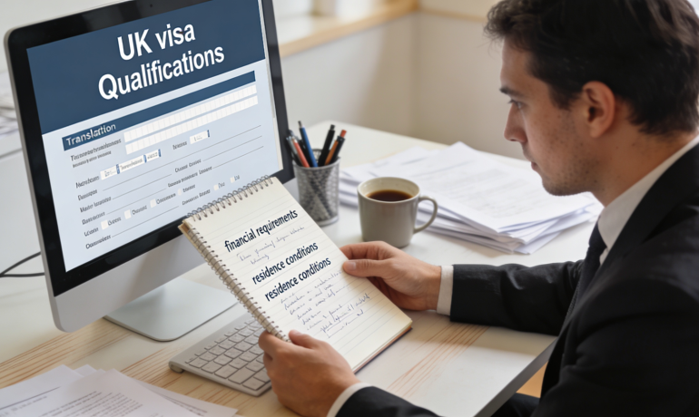 A professional translator working on documents for UK visa applications.