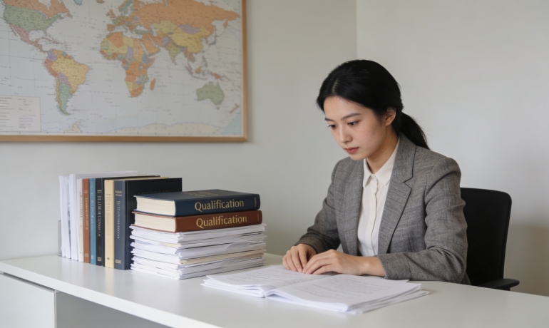 A professional translator working on documents in a bright office setting.