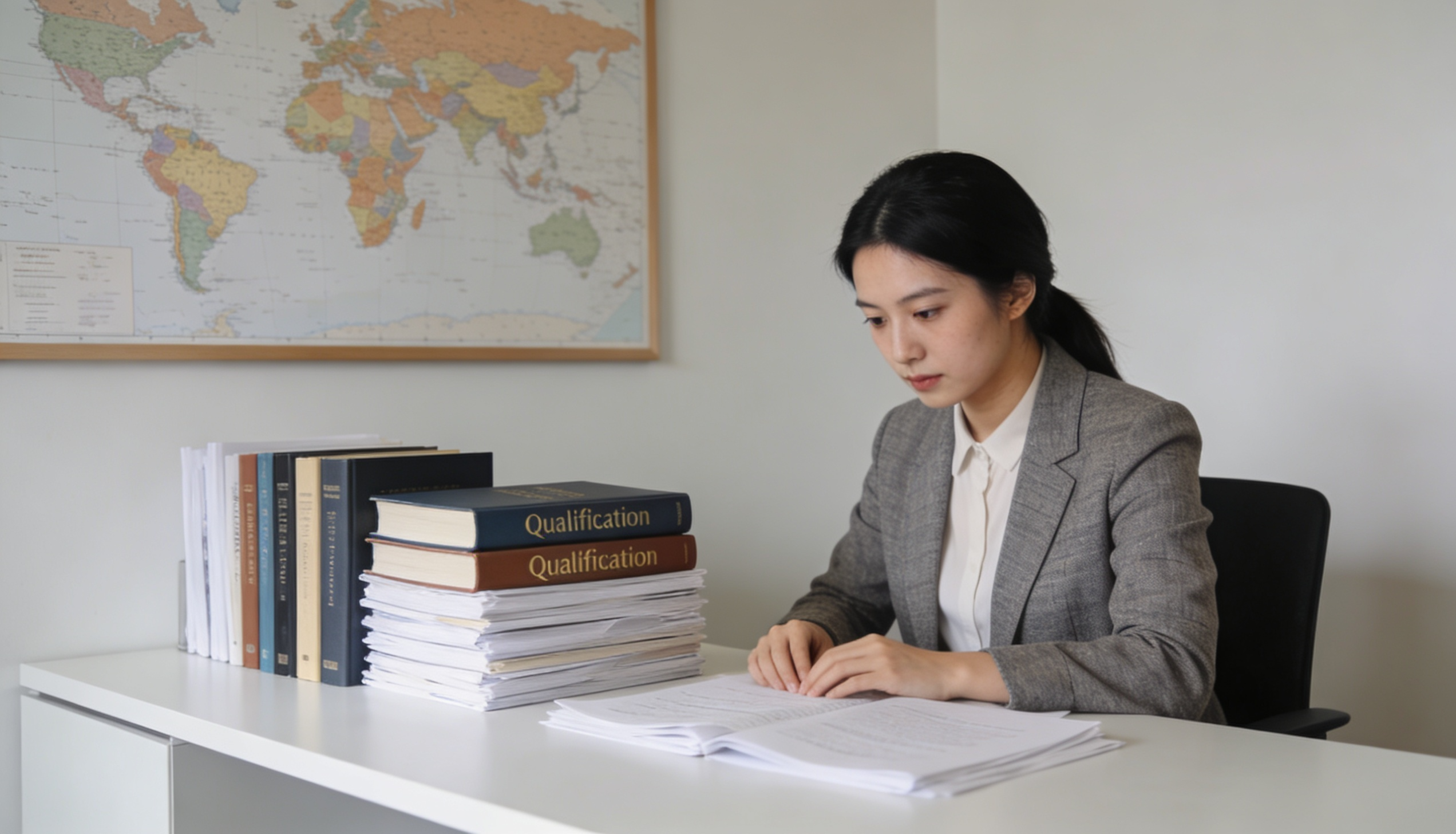 A professional translator working on documents in a bright office setting.