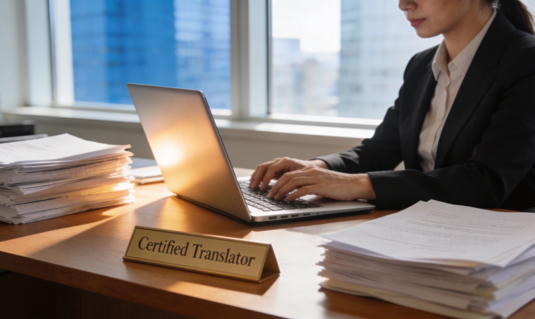 A professional translator working on documents in a modern office in Manchester.