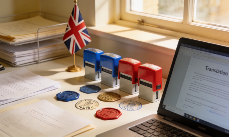 A professional translator working on documents with UK flags and official stamps.