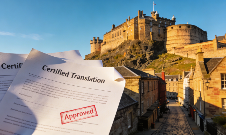 A scenic view of Edinburgh with translation documents and a certification stamp in the foreground.