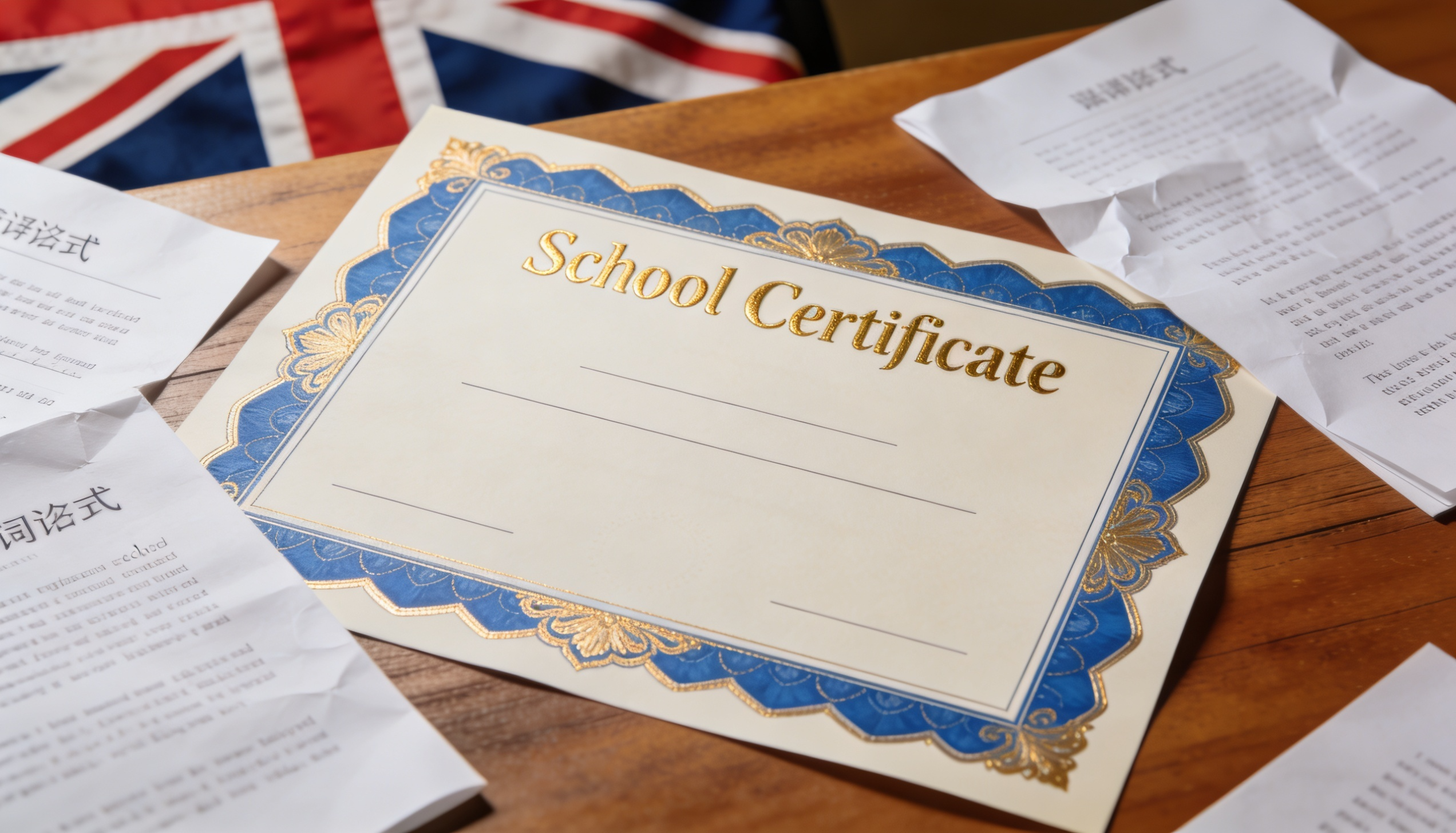 A school certificate with translation documents and a UK flag in the background.
