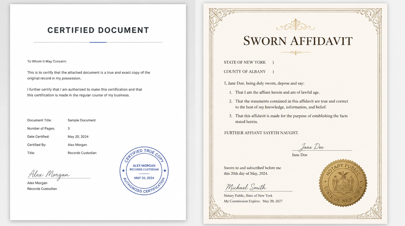 A split image showing a certified translation document on one side and a sworn translation document on the other.