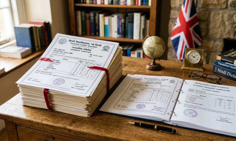 A stack of Hindi academic transcripts with a UK flag in the background and a translation document.