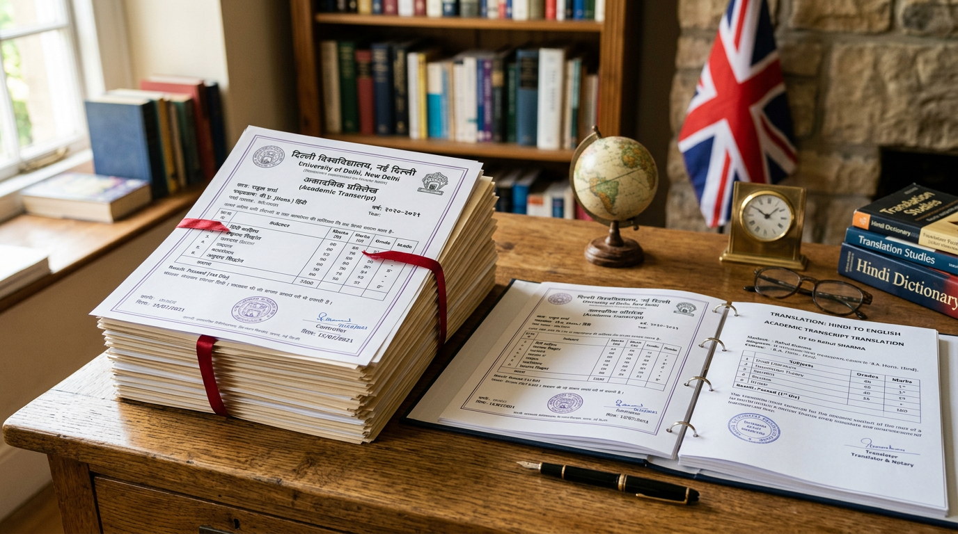 A stack of Hindi academic transcripts with a UK flag in the background and a translation document.