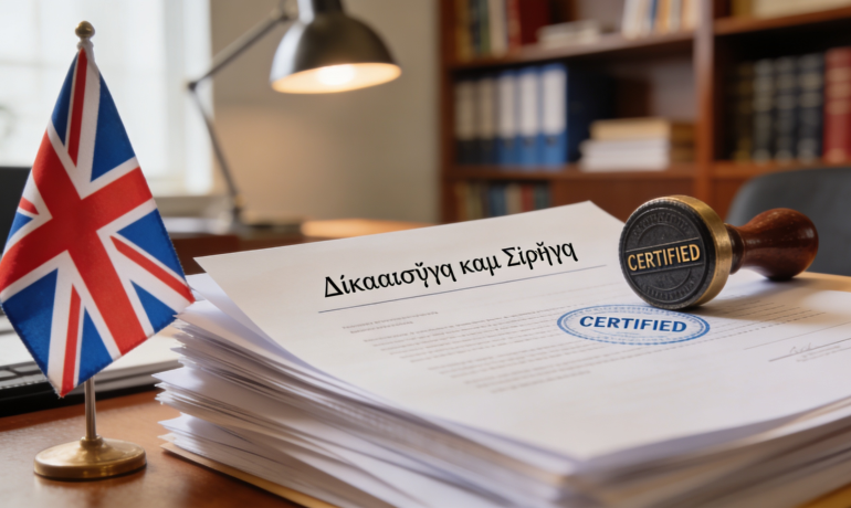 A stack of documents with Greek text, a UK flag, and a certified stamp.