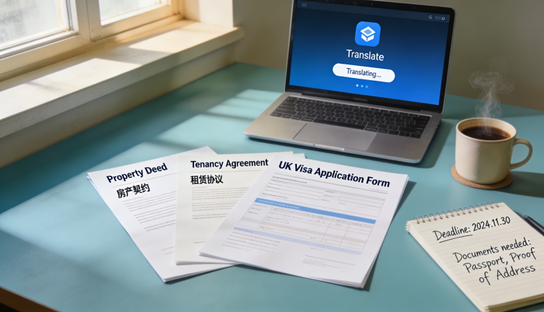 A stack of property documents with a UK visa application form and a translator's tools.