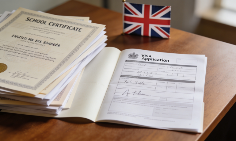 A stack of school certificates with a UK flag and a visa application form.
