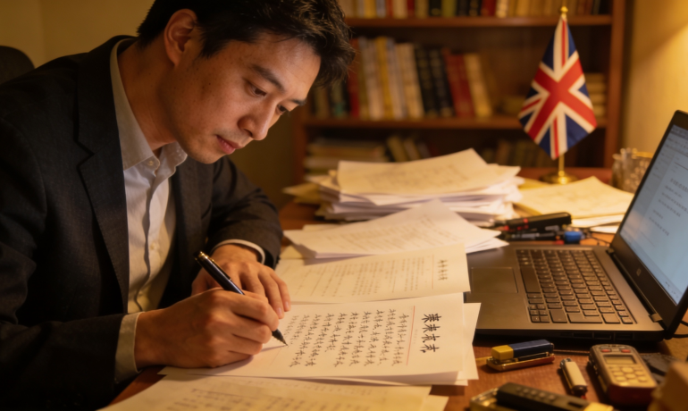 A translator working on Chinese documents with a UK flag in the background.