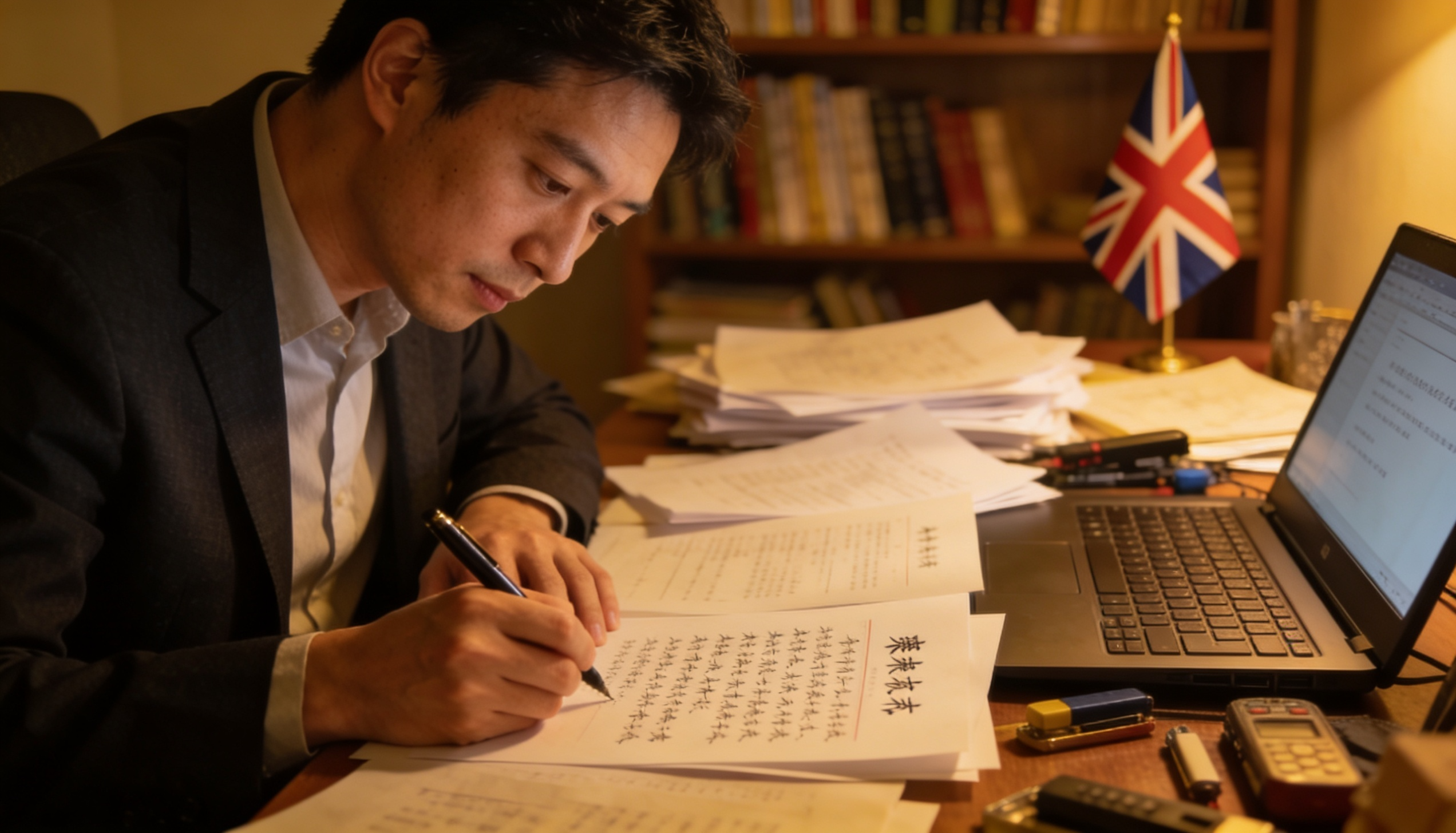 A translator working on Chinese documents with a UK flag in the background.