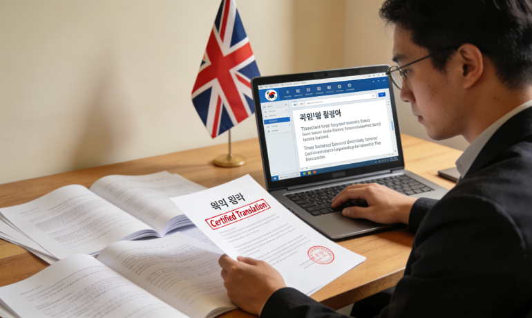 A translator working on Korean documents with a UK flag and a certification stamp nearby.