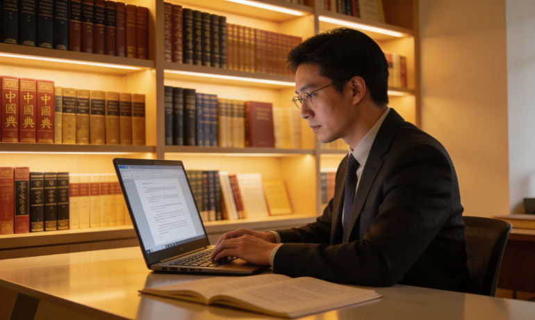 A translator working on Mandarin documents with UK landmarks in the background.