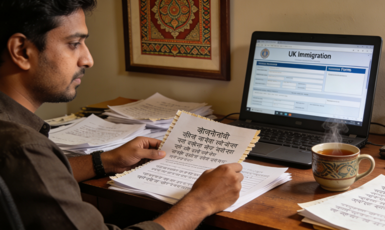 A translator working on UK immigration documents in Bengali, surrounded by papers and a laptop.