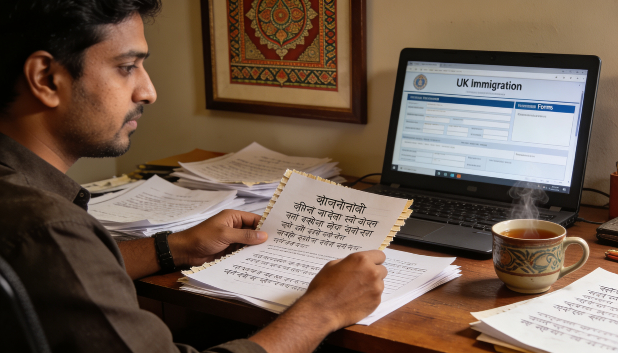 A translator working on UK immigration documents in Bengali, surrounded by papers and a laptop.