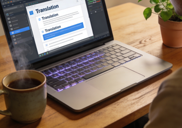 A translator working on a will document with legal books and a laptop in a cozy office.