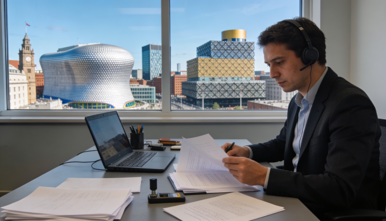 A translator working on documents in an office with Birmingham skyline in the background.