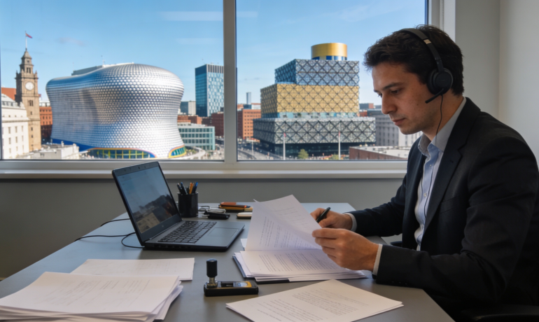 A translator working on documents in an office with Birmingham skyline in the background.