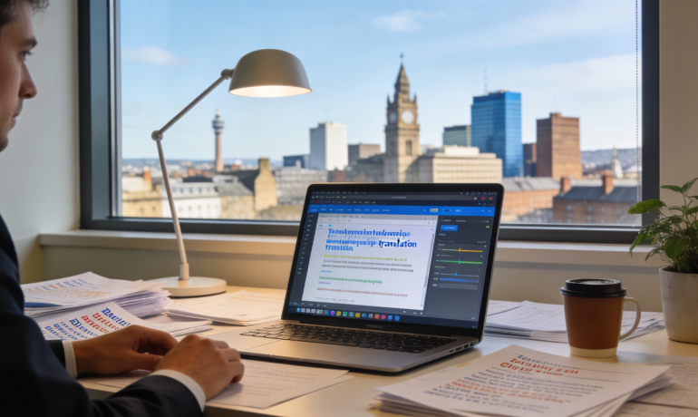 A translator working on documents with Leeds skyline in the background.