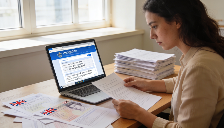 A translator working on immigration documents with UK visa application forms and a laptop.