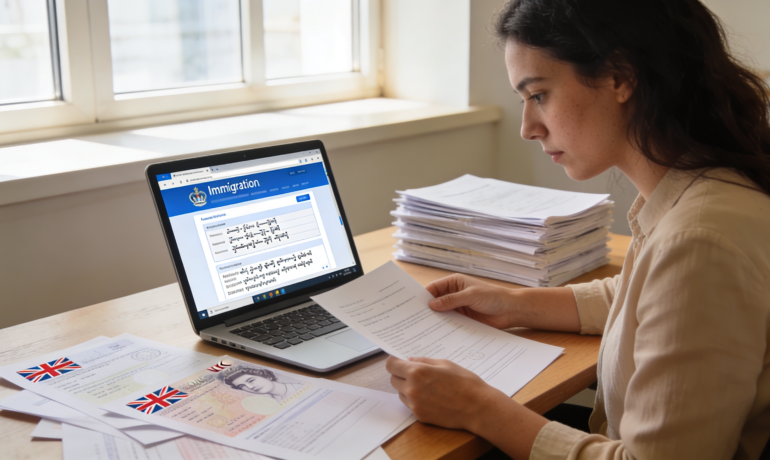 A translator working on immigration documents with UK visa application forms and a laptop.