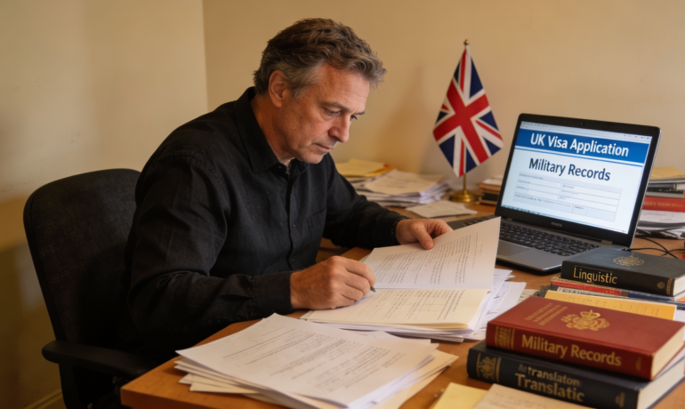 A translator working on military records with a UK flag in the background.