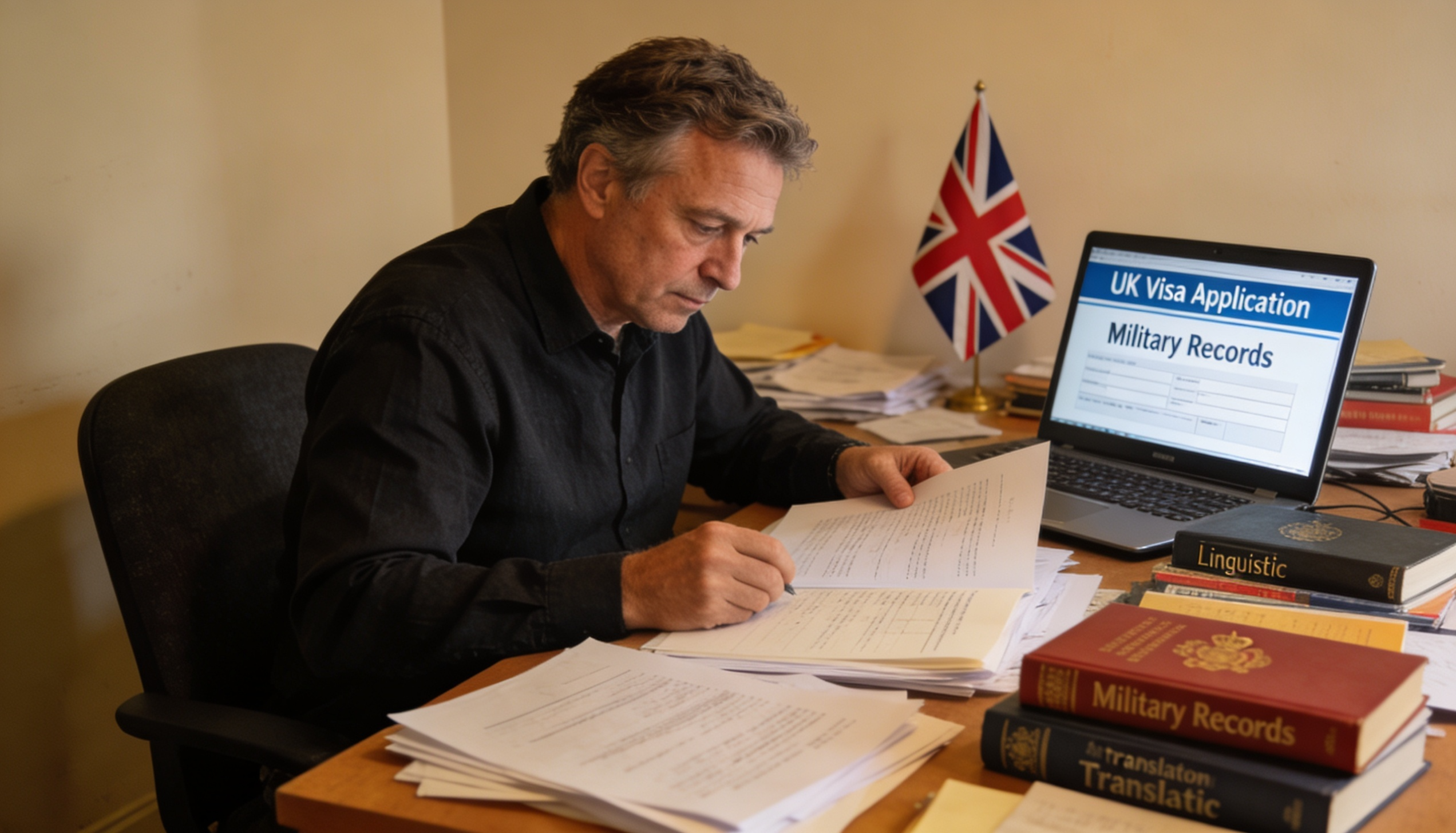 A translator working on military records with a UK flag in the background.
