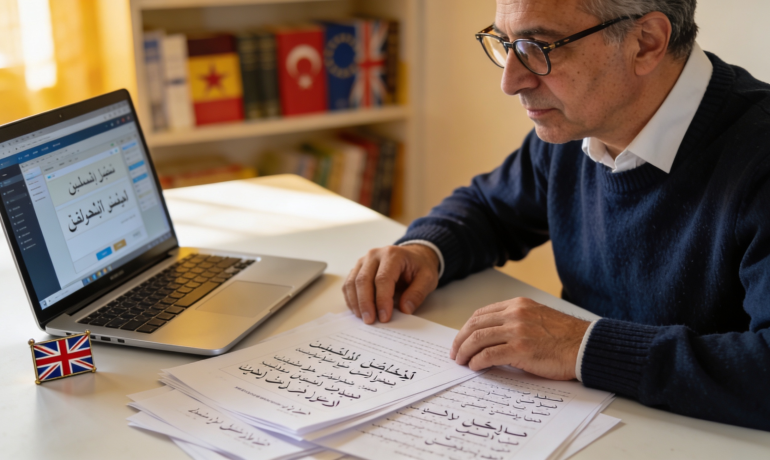 An image of a translator working on Turkish documents with a UK flag in the background.