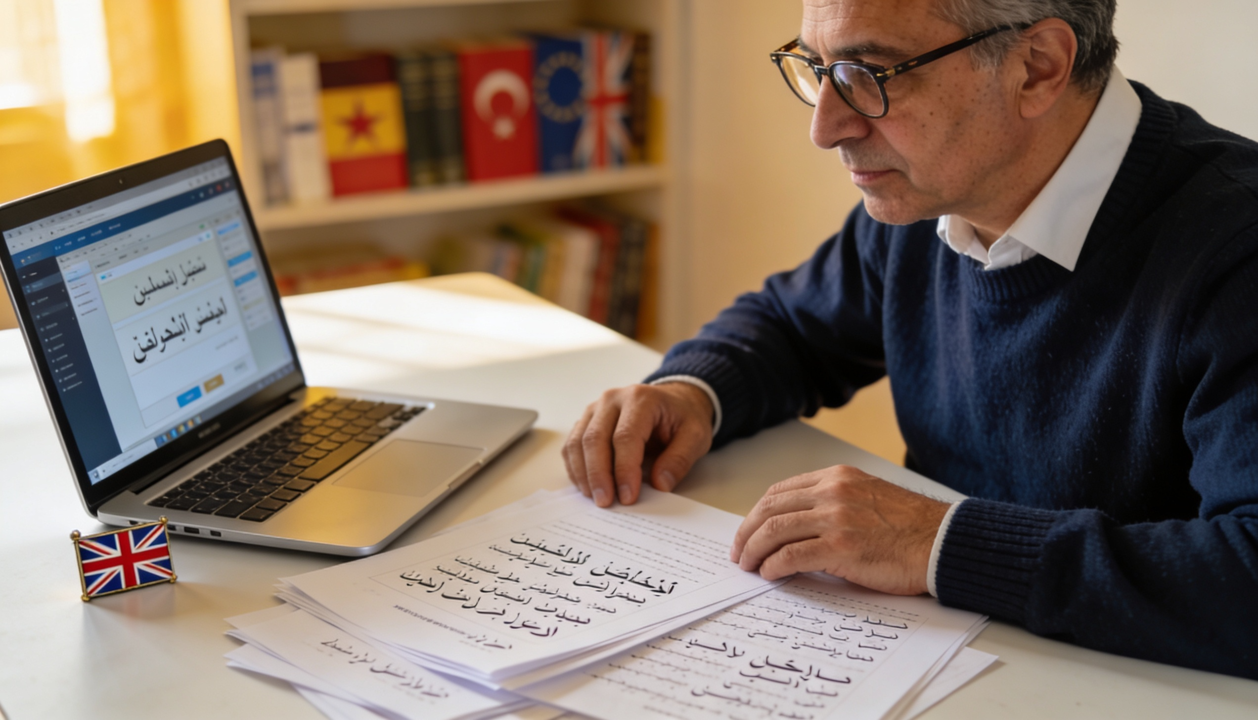 An image of a translator working on Turkish documents with a UK flag in the background.