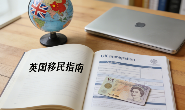 An open book with Chinese characters and UK immigration documents on a table.