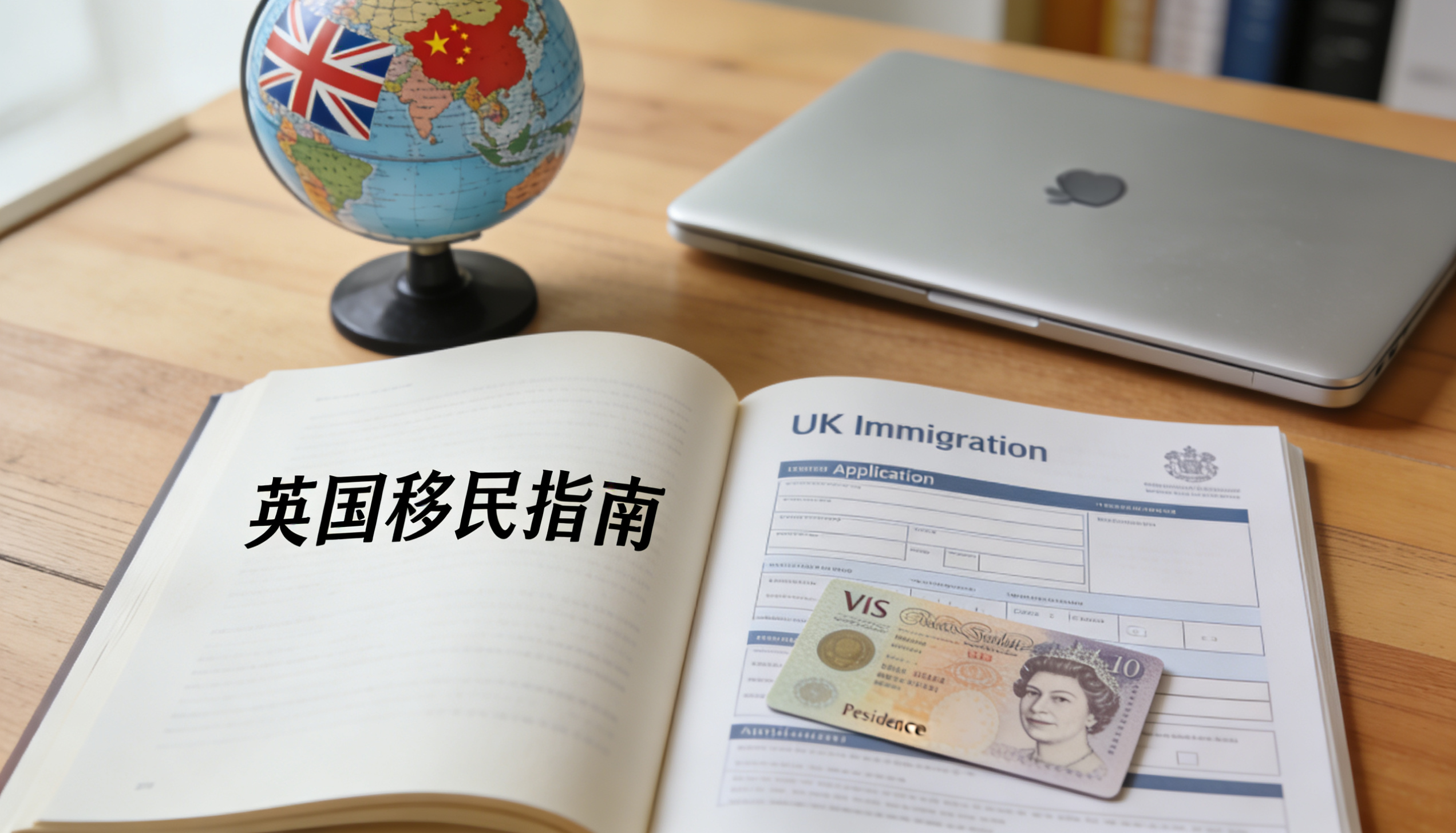 An open book with Chinese characters and UK immigration documents on a table.