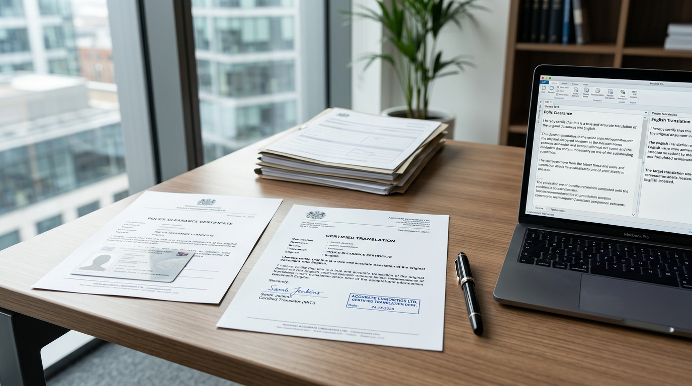 Police clearance certificate beside its certified English translation on an office desk