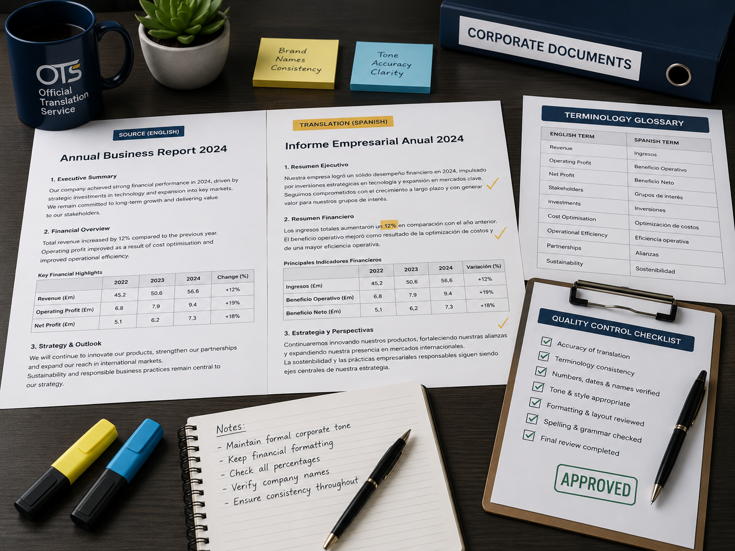 Business translation quality review with aligned documents and a terminology checklist