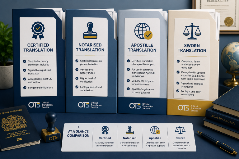 Certified, notarised, apostille and sworn translation folders arranged for comparison