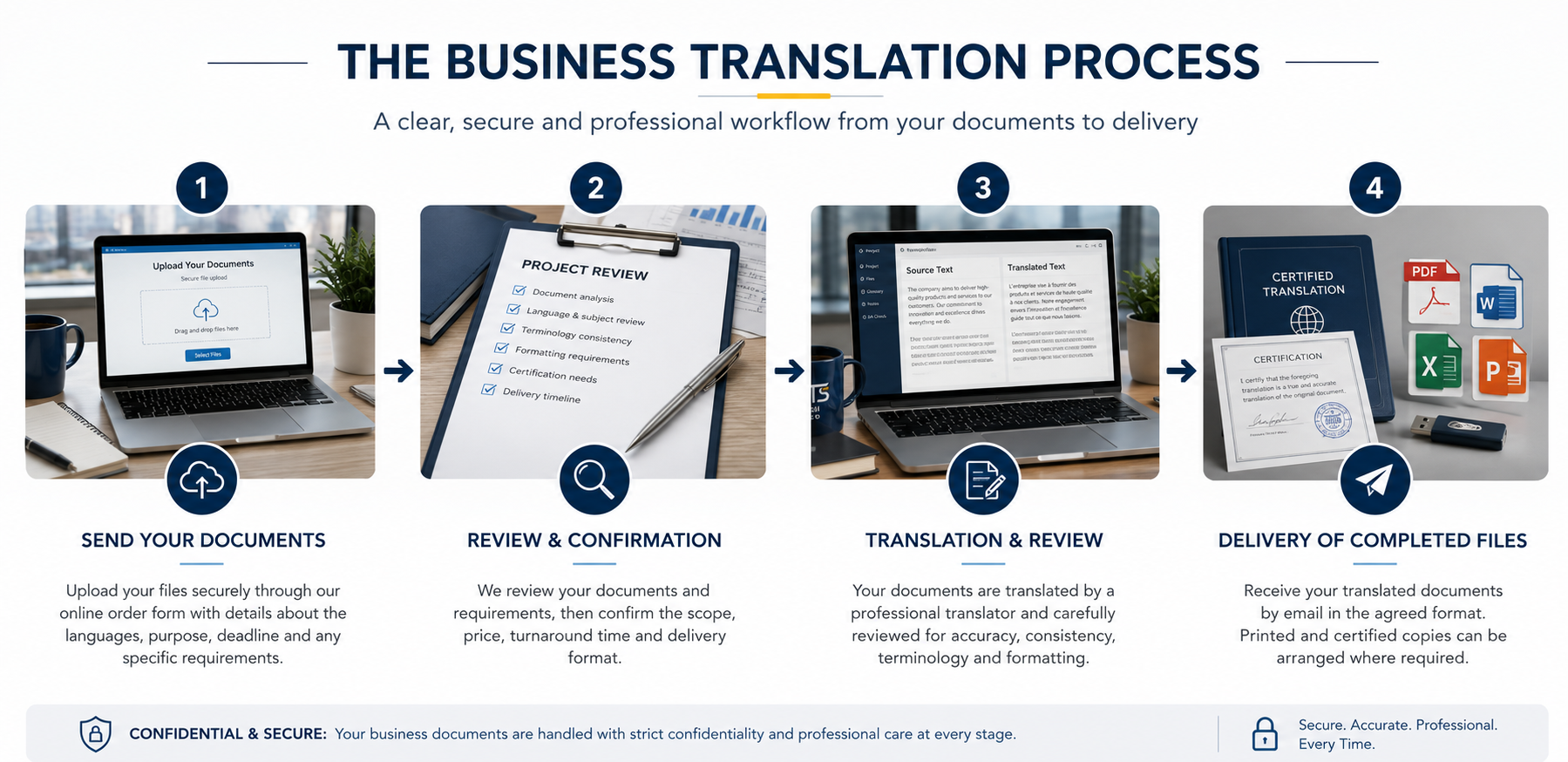 Four-step business translation process from document upload to completed delivery