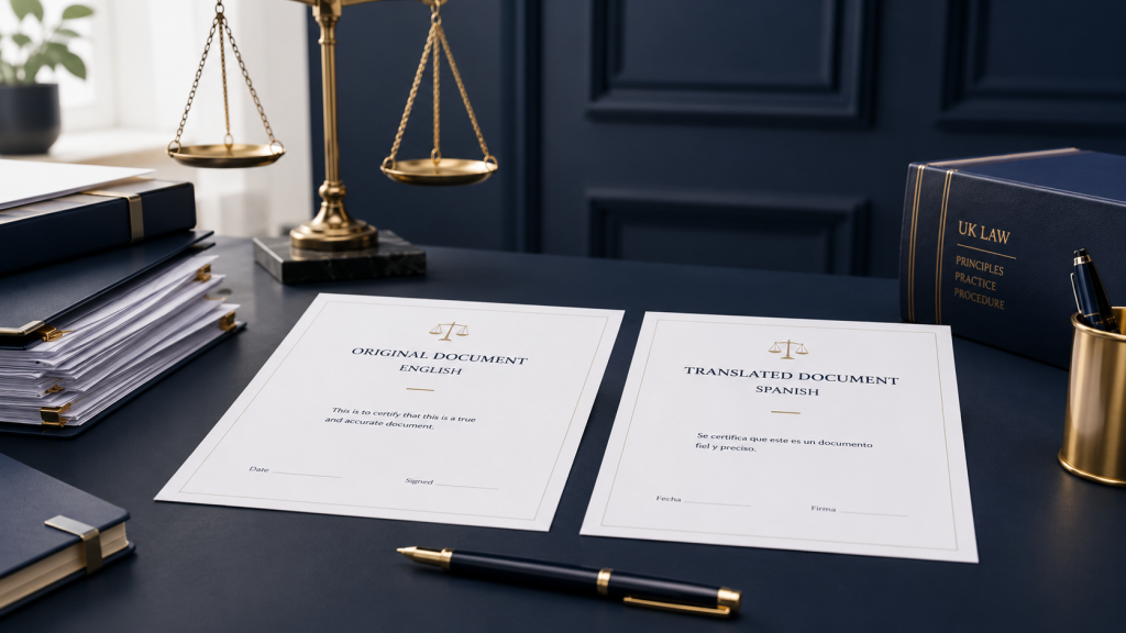 Original and translated legal documents arranged beside scales of justice