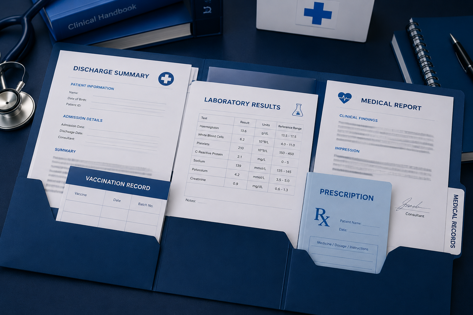 Medical report, laboratory results, prescription and vaccination documents ready for translation