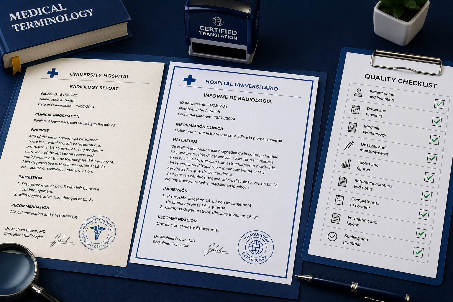Original and translated medical reports beside a translation quality checklist