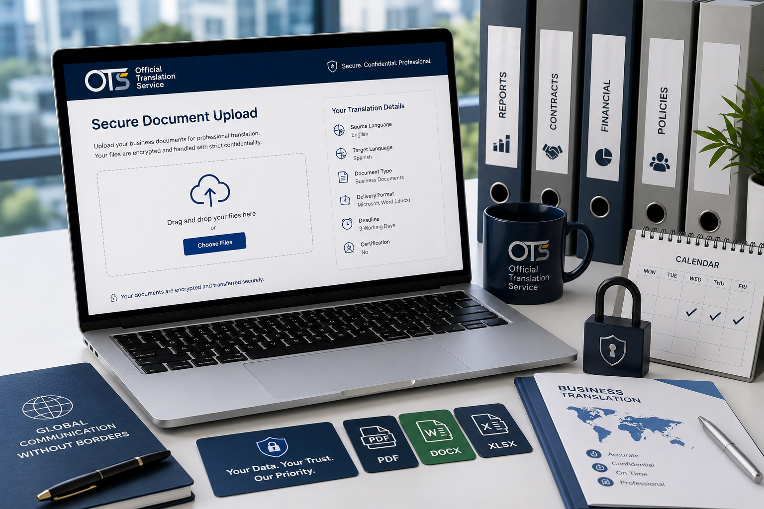 Secure online submission of business documents for professional translation