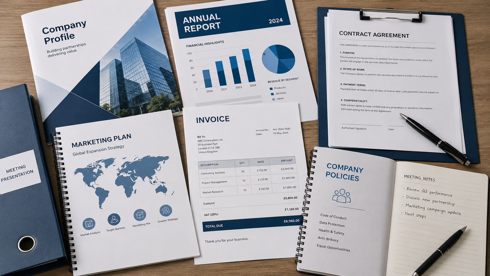 Corporate, financial, marketing and administrative documents prepared for translation